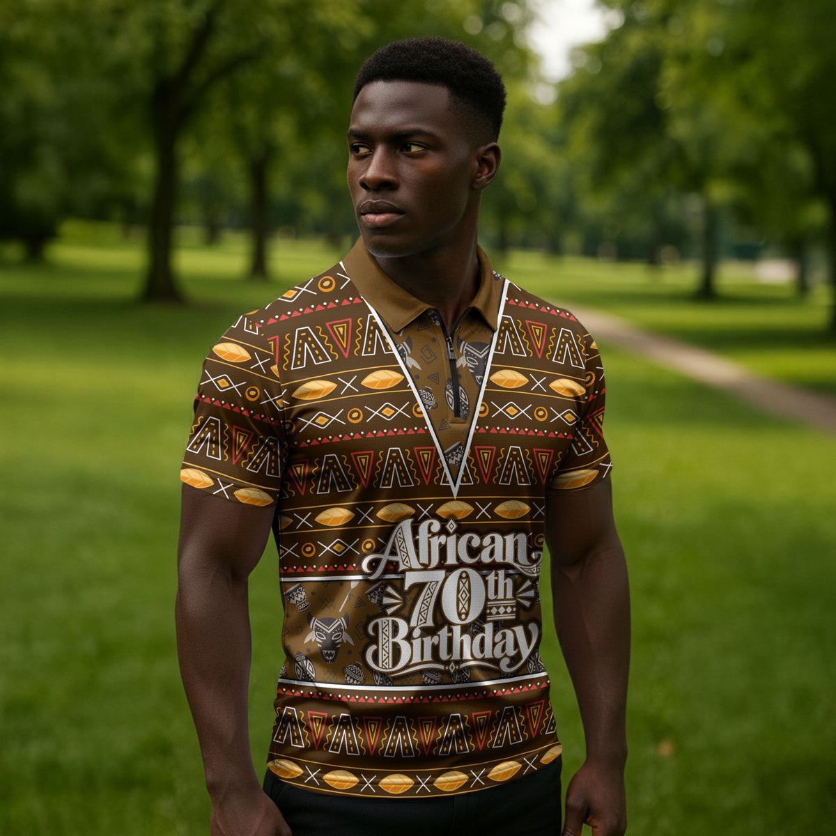 Personalized African 70th Birthday Zipper Polo Shirt Tribal Pattern Mudcloth Heritage Art