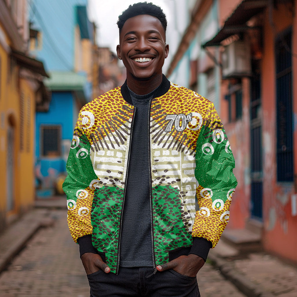 Personalized African 70th Birthday Bomber Jacket Tribal Animal Print Heritage Pattern