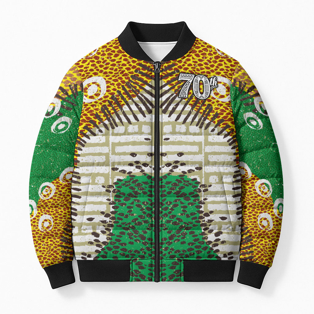 Personalized African 70th Birthday Bomber Puffer Jacket Tribal Animal Print Heritage Pattern