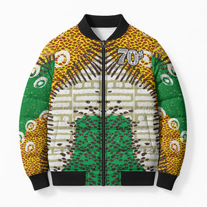 Personalized African 70th Birthday Bomber Puffer Jacket Tribal Animal Print Heritage Pattern