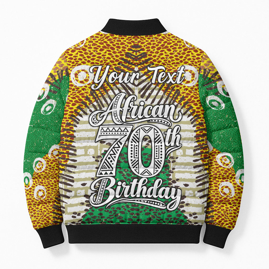 Personalized African 70th Birthday Bomber Puffer Jacket Tribal Animal Print Heritage Pattern