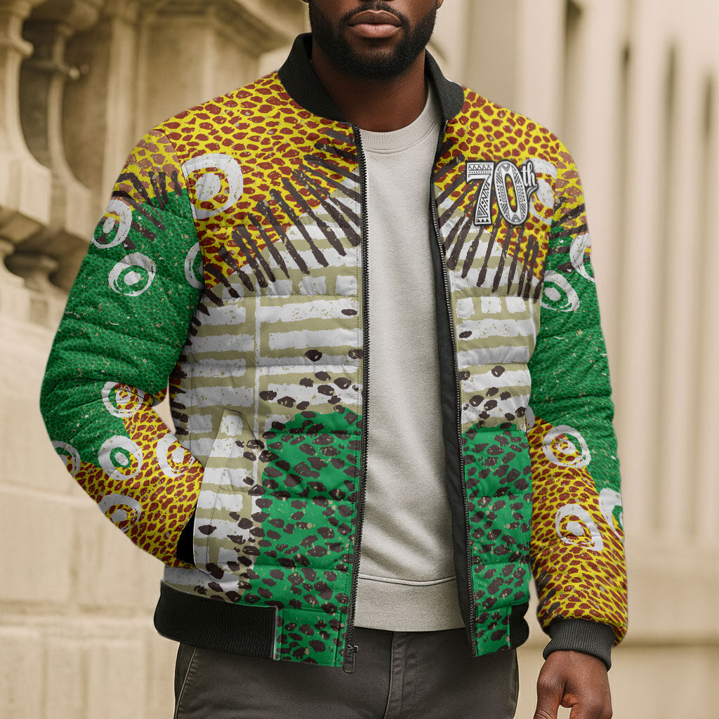 Personalized African 70th Birthday Bomber Puffer Jacket Tribal Animal Print Heritage Pattern