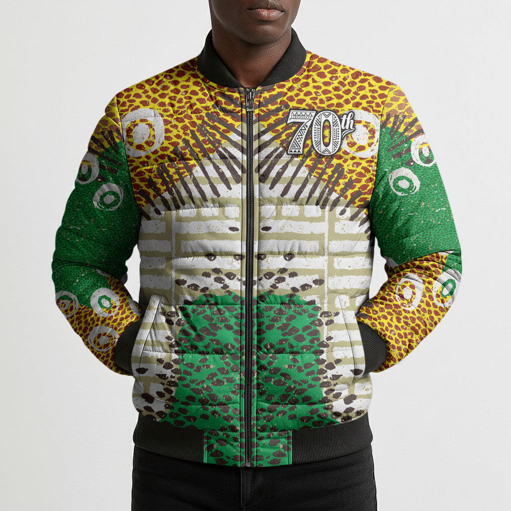 Personalized African 70th Birthday Bomber Puffer Jacket Tribal Animal Print Heritage Pattern
