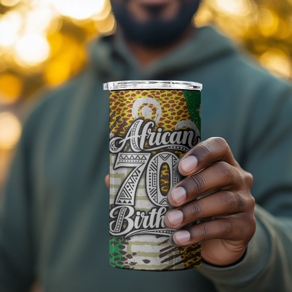 Personalized African 70th Birthday 4 in 1 Can Cooler Tumbler Tribal Animal Print Heritage Pattern