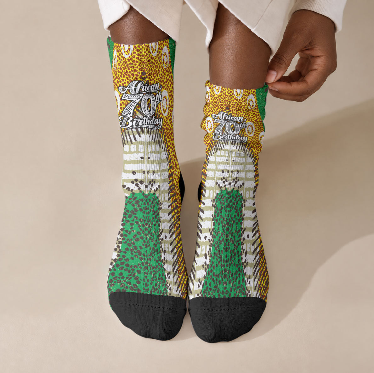 Personalized African 70th Birthday Crew Socks Tribal Animal Print Heritage Pattern