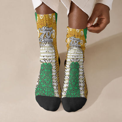 Personalized African 70th Birthday Crew Socks Tribal Animal Print Heritage Pattern
