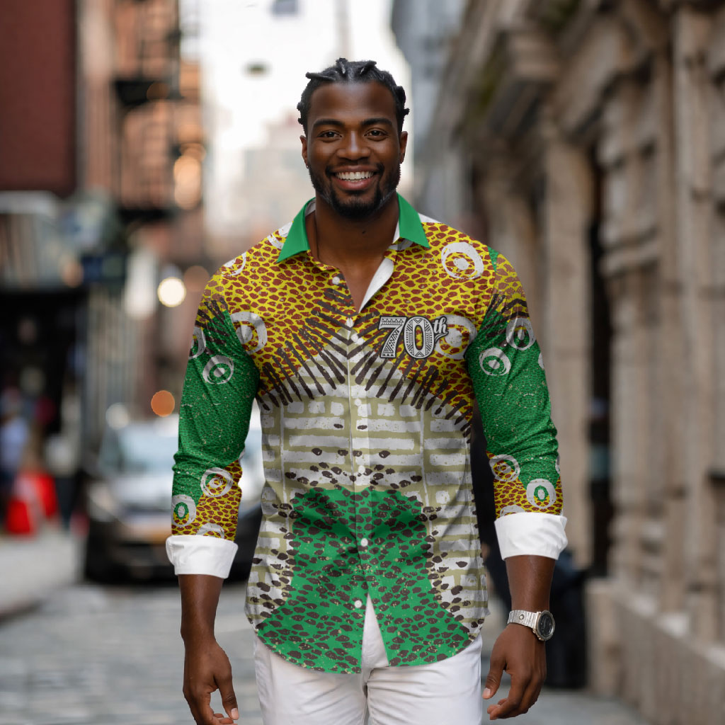 Personalized African 70th Birthday Long Sleeve Button Shirt Tribal Animal Print Heritage Pattern
