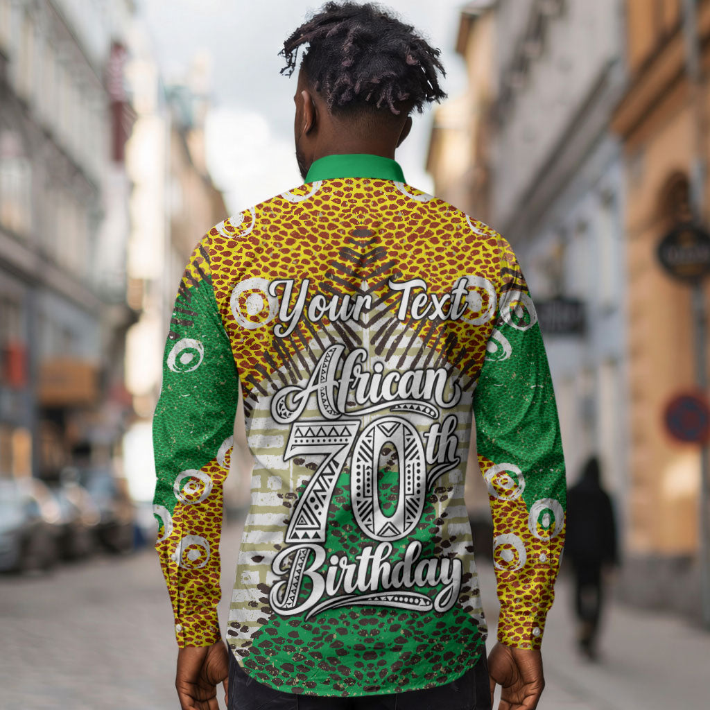 Personalized African 70th Birthday Long Sleeve Button Shirt Tribal Animal Print Heritage Pattern