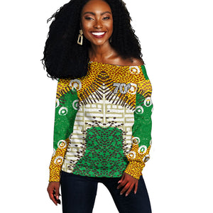 Personalized African 70th Birthday Off Shoulder Sweater Tribal Animal Print Heritage Pattern