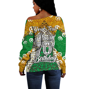 Personalized African 70th Birthday Off Shoulder Sweater Tribal Animal Print Heritage Pattern