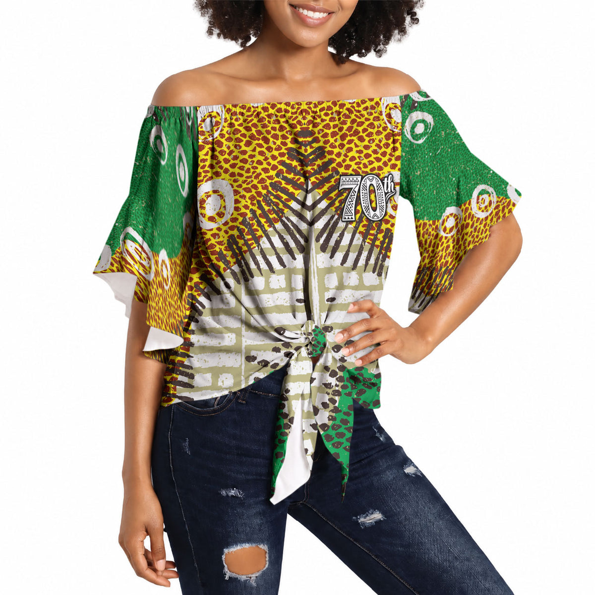 Personalized African 70th Birthday Off Shoulder Wrap Waist Top Tribal Animal Print Heritage Pattern