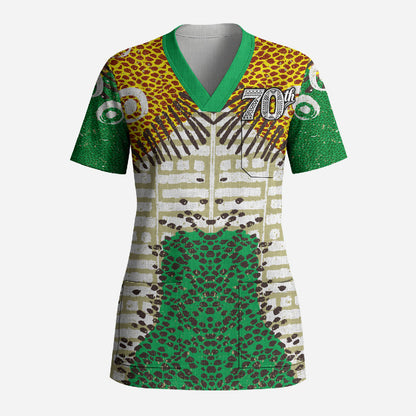 Personalized African 70th Birthday Scrub Top Tribal Animal Print Heritage Pattern