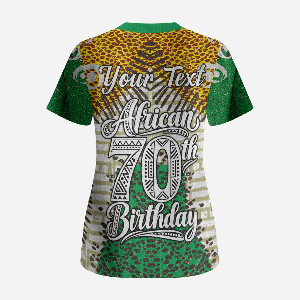 Personalized African 70th Birthday Scrub Top Tribal Animal Print Heritage Pattern