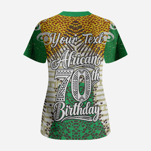 Personalized African 70th Birthday Scrub Top Tribal Animal Print Heritage Pattern