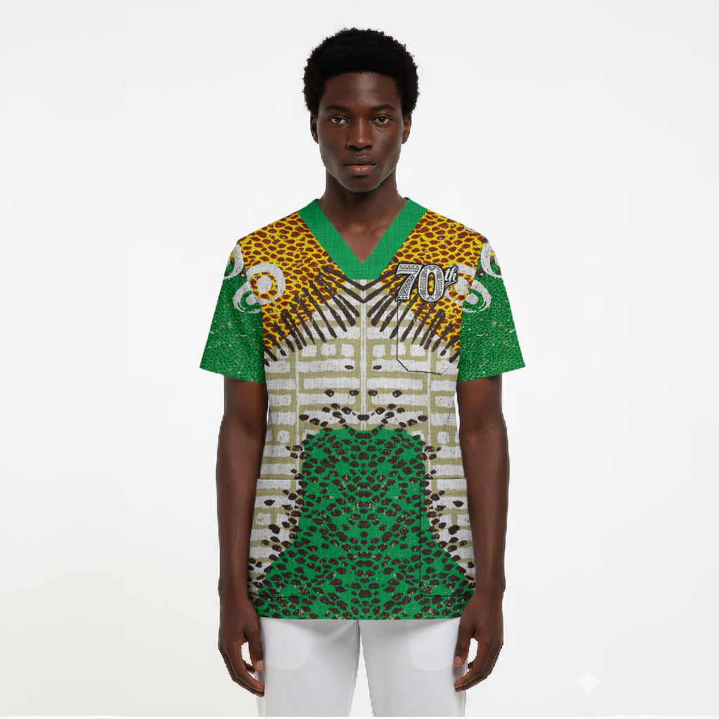 Personalized African 70th Birthday Scrub Top Tribal Animal Print Heritage Pattern