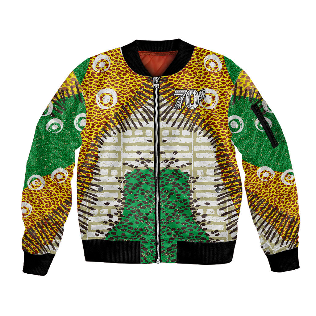 Personalized African 70th Birthday Sleeve Zip Bomber Jacket Tribal Animal Print Heritage Pattern