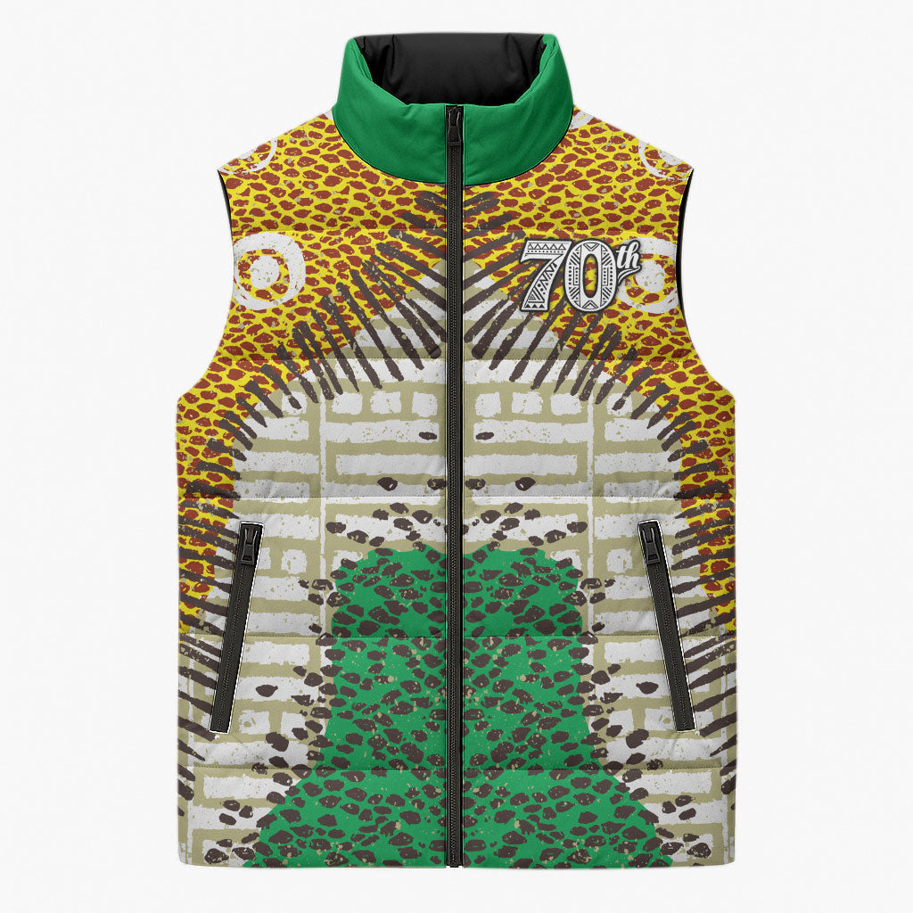 Personalized African 70th Birthday Sleeveless Puffer Jacket Tribal Animal Print Heritage Pattern
