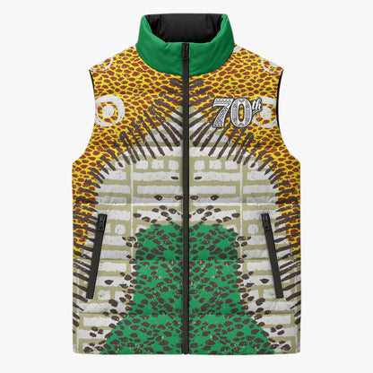 Personalized African 70th Birthday Sleeveless Puffer Jacket Tribal Animal Print Heritage Pattern