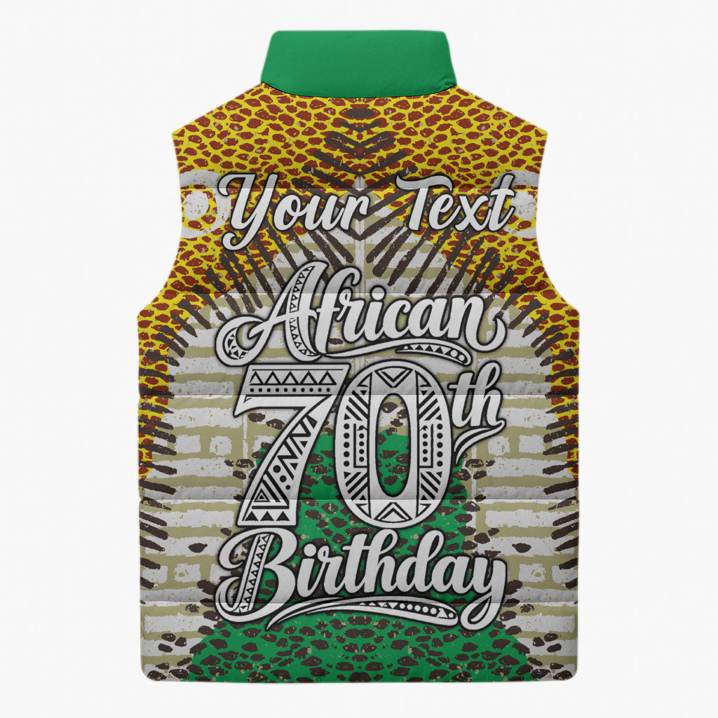 Personalized African 70th Birthday Sleeveless Puffer Jacket Tribal Animal Print Heritage Pattern