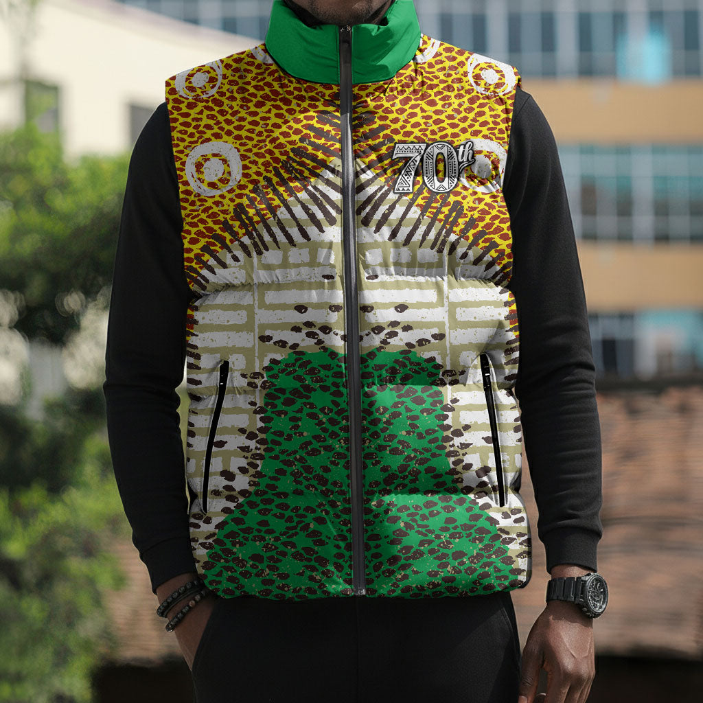 Personalized African 70th Birthday Sleeveless Puffer Jacket Tribal Animal Print Heritage Pattern