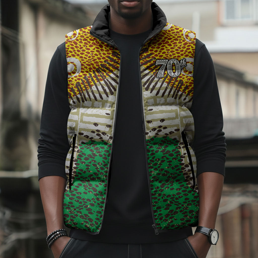 Personalized African 70th Birthday Sleeveless Puffer Jacket Tribal Animal Print Heritage Pattern