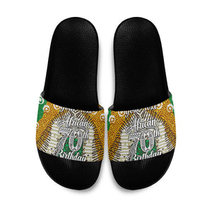 Personalized African 70th Birthday Slide Sandals Tribal Animal Print Heritage Pattern