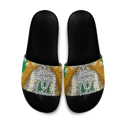 Personalized African 70th Birthday Slide Sandals Tribal Animal Print Heritage Pattern