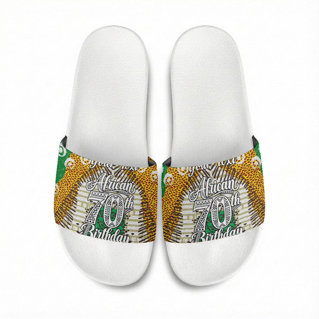Personalized African 70th Birthday Slide Sandals Tribal Animal Print Heritage Pattern