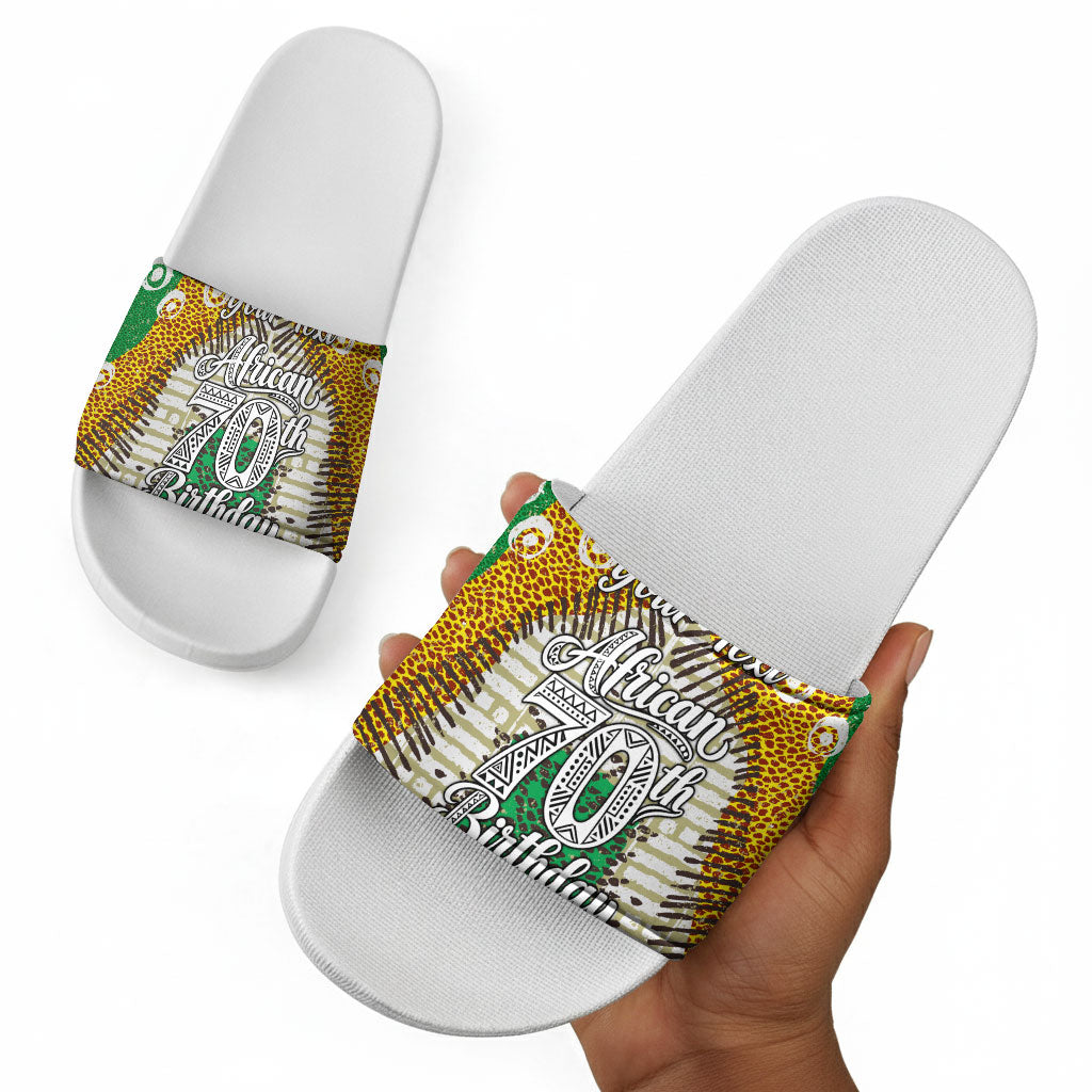Personalized African 70th Birthday Slide Sandals Tribal Animal Print Heritage Pattern