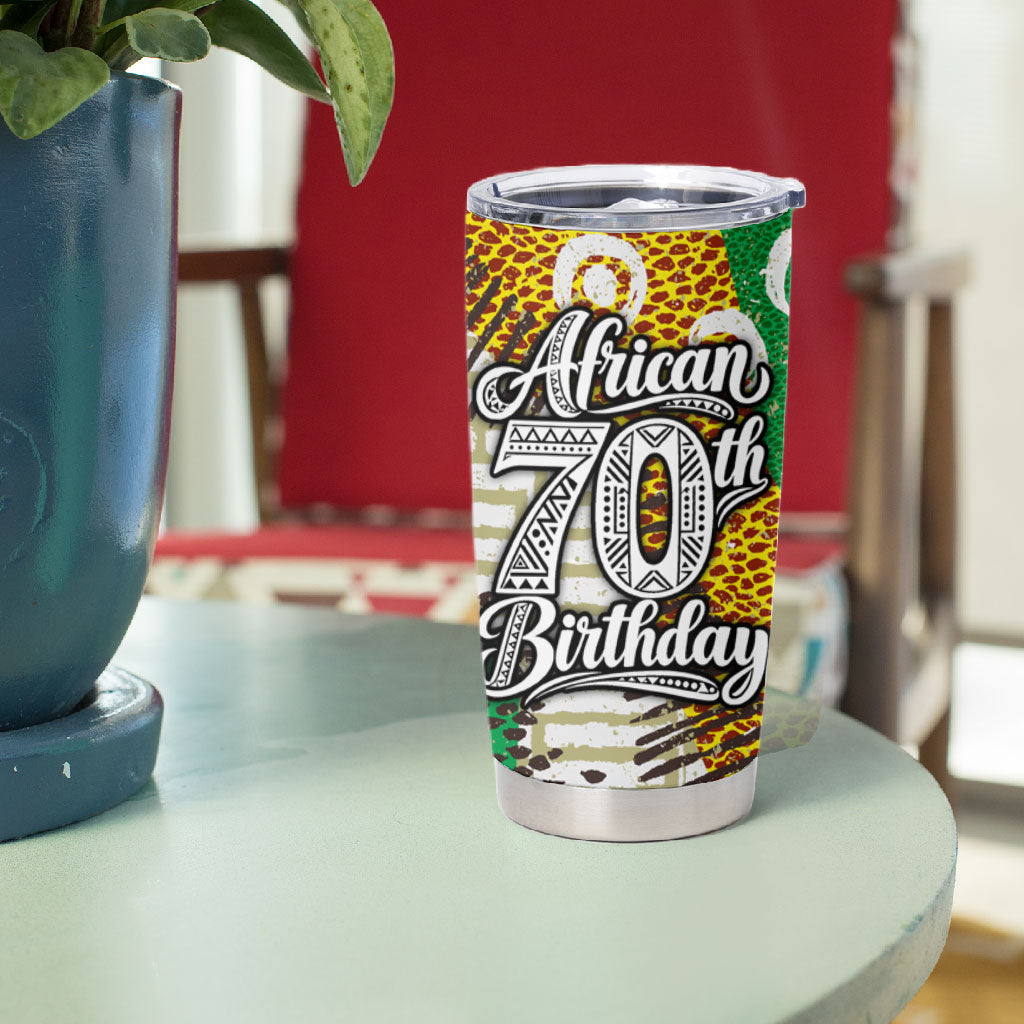 Personalized African 70th Birthday Tumbler Cup Tribal Animal Print Heritage Pattern