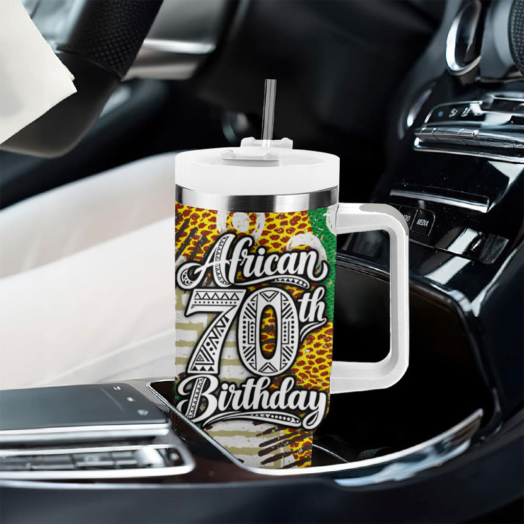 Personalized African 70th Birthday Tumbler With Handle Tribal Animal Print Heritage Pattern