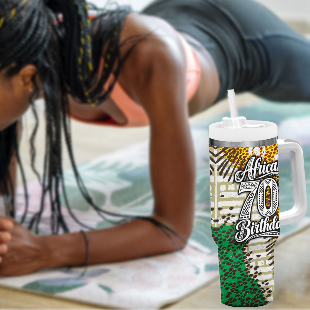 Personalized African 70th Birthday Tumbler With Handle Tribal Animal Print Heritage Pattern