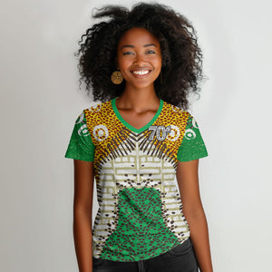 Personalized African 70th Birthday Women V-Neck T-Shirt Tribal Animal Print Heritage Pattern