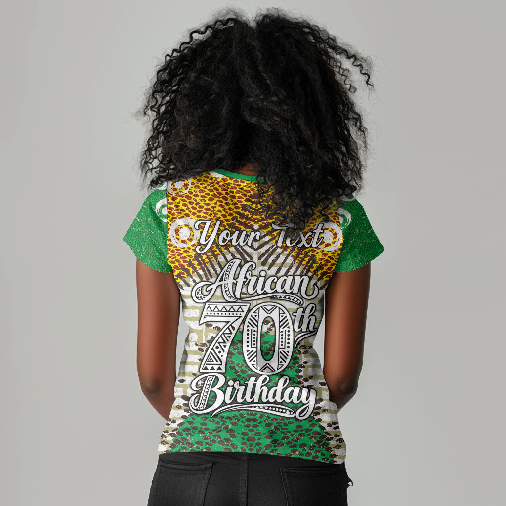 Personalized African 70th Birthday Women V-Neck T-Shirt Tribal Animal Print Heritage Pattern