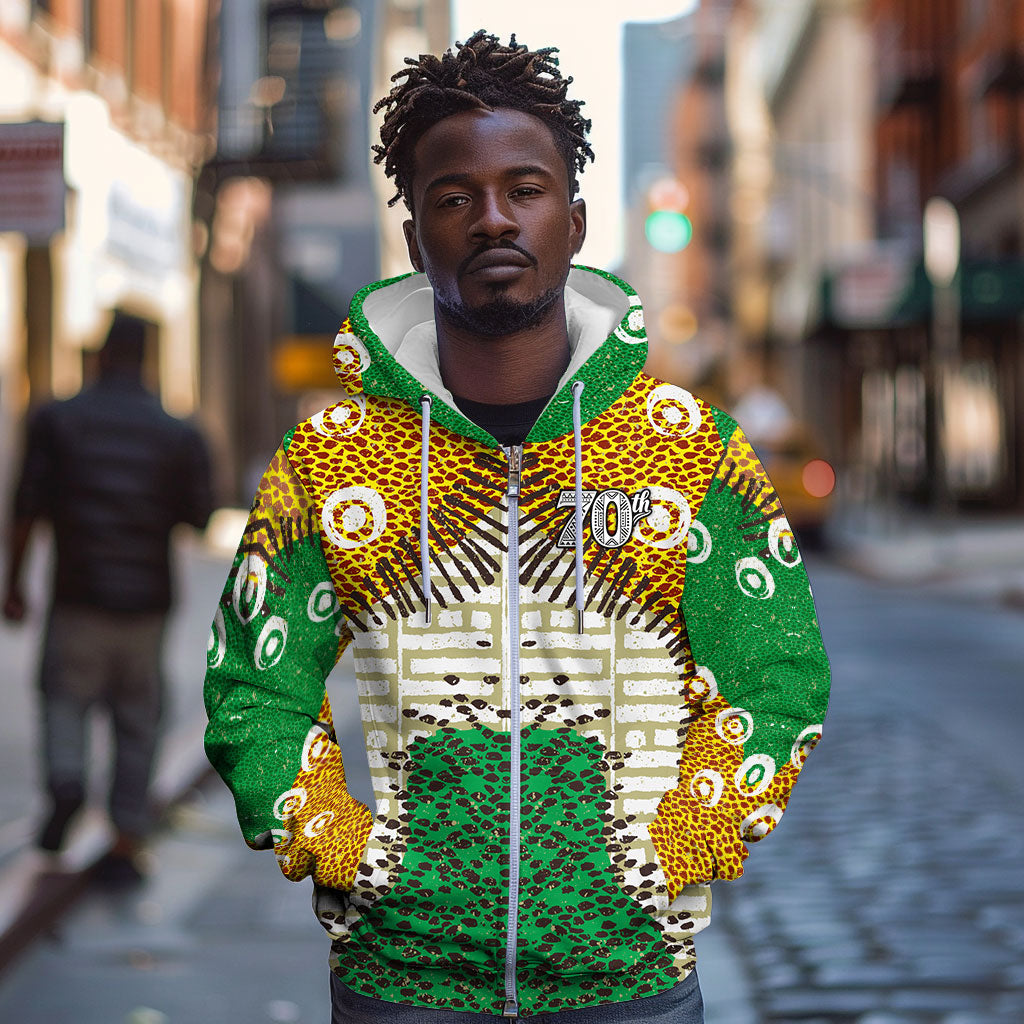 Personalized African 70th Birthday Zip Hoodie Tribal Animal Print Heritage Pattern