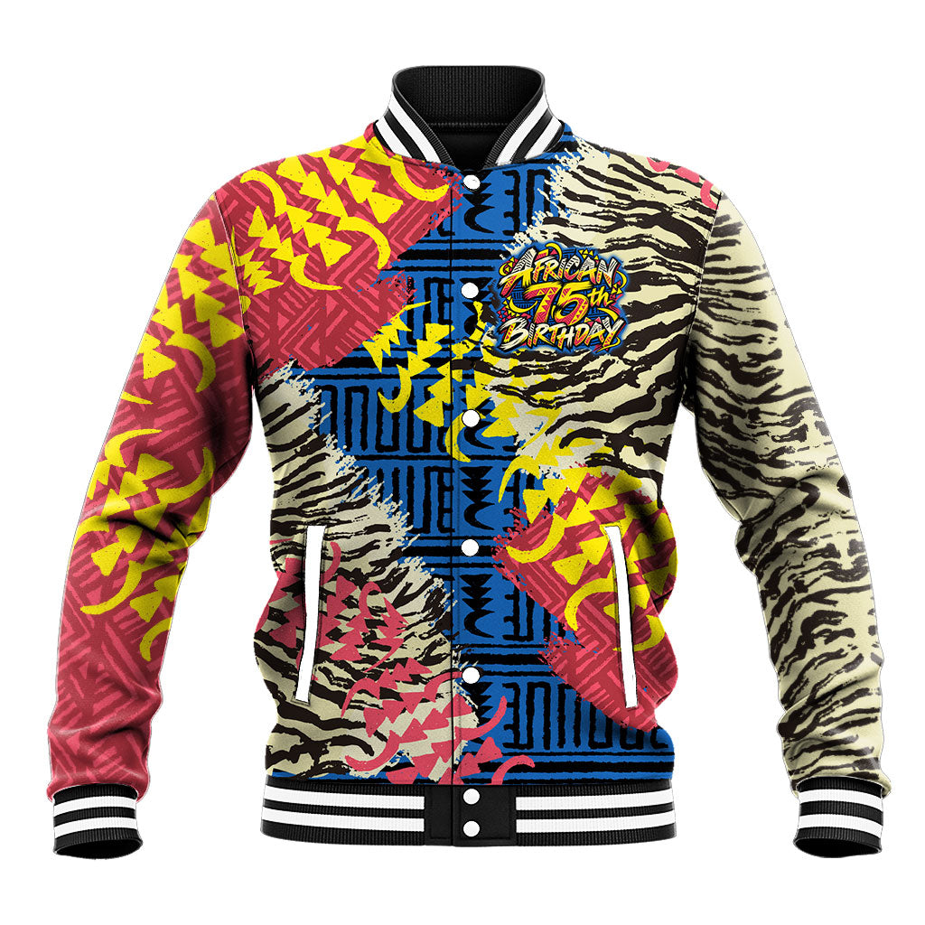Personalized African 75th Birthday Baseball Jacket Colorful Tribal Striped Heritage Art
