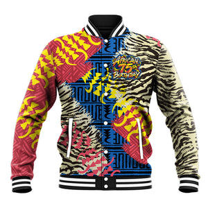 Personalized African 75th Birthday Baseball Jacket Colorful Tribal Striped Heritage Art