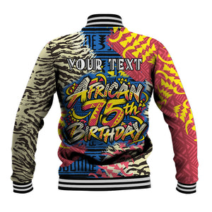 Personalized African 75th Birthday Baseball Jacket Colorful Tribal Striped Heritage Art