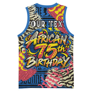 Personalized African 75th Birthday Basketball Jersey Colorful Tribal Striped Heritage Art