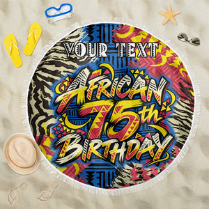 Personalized African 75th Birthday Beach Blanket Colorful Tribal Striped Heritage Art