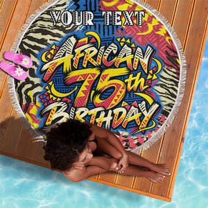 Personalized African 75th Birthday Beach Blanket Colorful Tribal Striped Heritage Art
