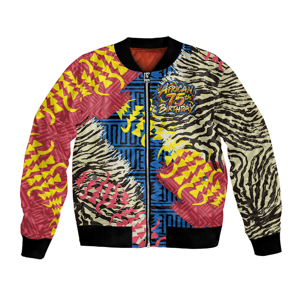 Personalized African 75th Birthday Bomber Jacket Colorful Tribal Striped Heritage Art