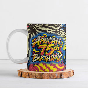 Personalized African 75th Birthday Ceramic Mug Colorful Tribal Striped Heritage Art