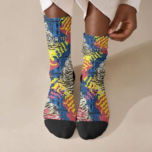Personalized African 75th Birthday Crew Socks Colorful Tribal Striped Heritage Art
