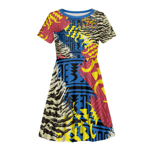 Personalized African 75th Birthday Kid Short Sleeve Dress Colorful Tribal Striped Heritage Art