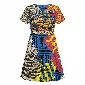 Personalized African 75th Birthday Kid Short Sleeve Dress Colorful Tribal Striped Heritage Art