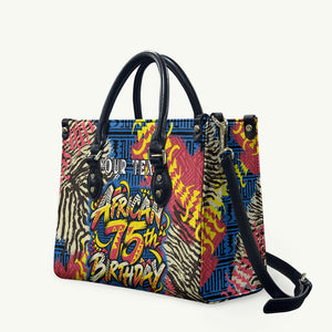 Personalized African 75th Birthday Leather Bag Colorful Tribal Striped Heritage Art