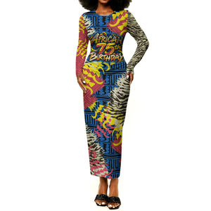 Personalized African 75th Birthday Long Sleeve Bodycon Dress Colorful Tribal Striped Heritage Art