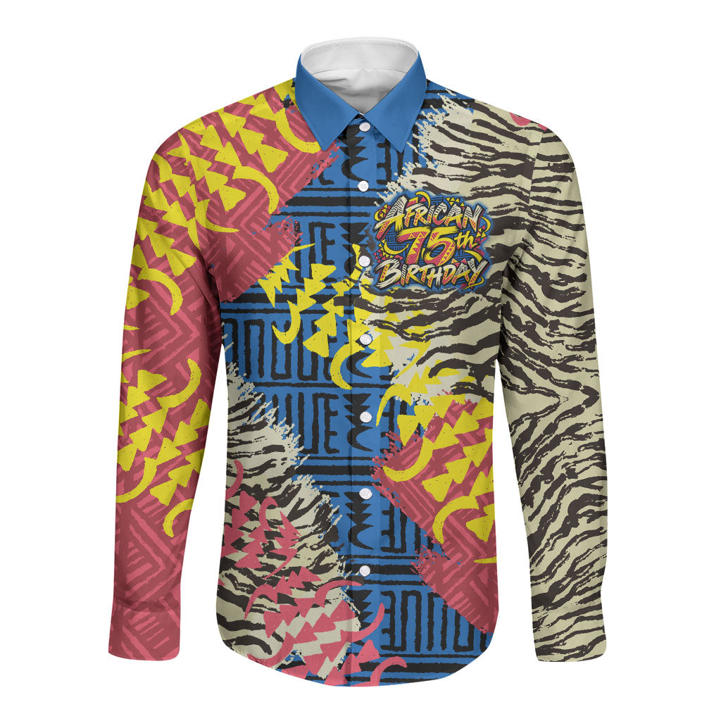 Personalized African 75th Birthday Long Sleeve Button Shirt Colorful Tribal Striped Heritage Art