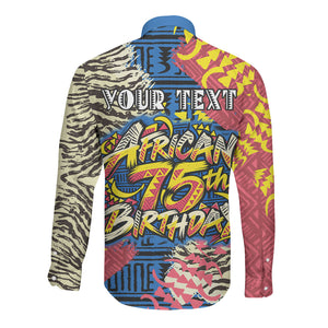 Personalized African 75th Birthday Long Sleeve Button Shirt Colorful Tribal Striped Heritage Art